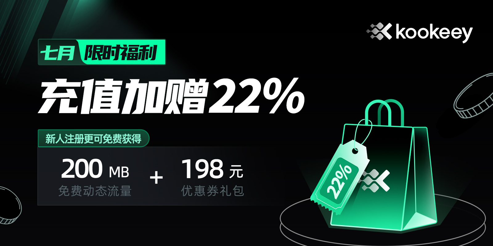kookeey代理IP | 充值加赠22%，1元也加赠！